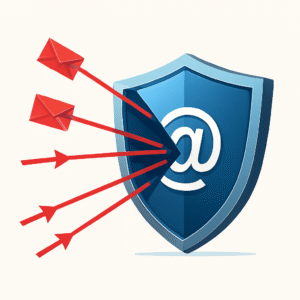 Ilustración de un escudo protector azul protegiendo un símbolo de arroba (@), representando cómo las máscaras de email defienden tu cuenta de correo del spam y los ciberataques.