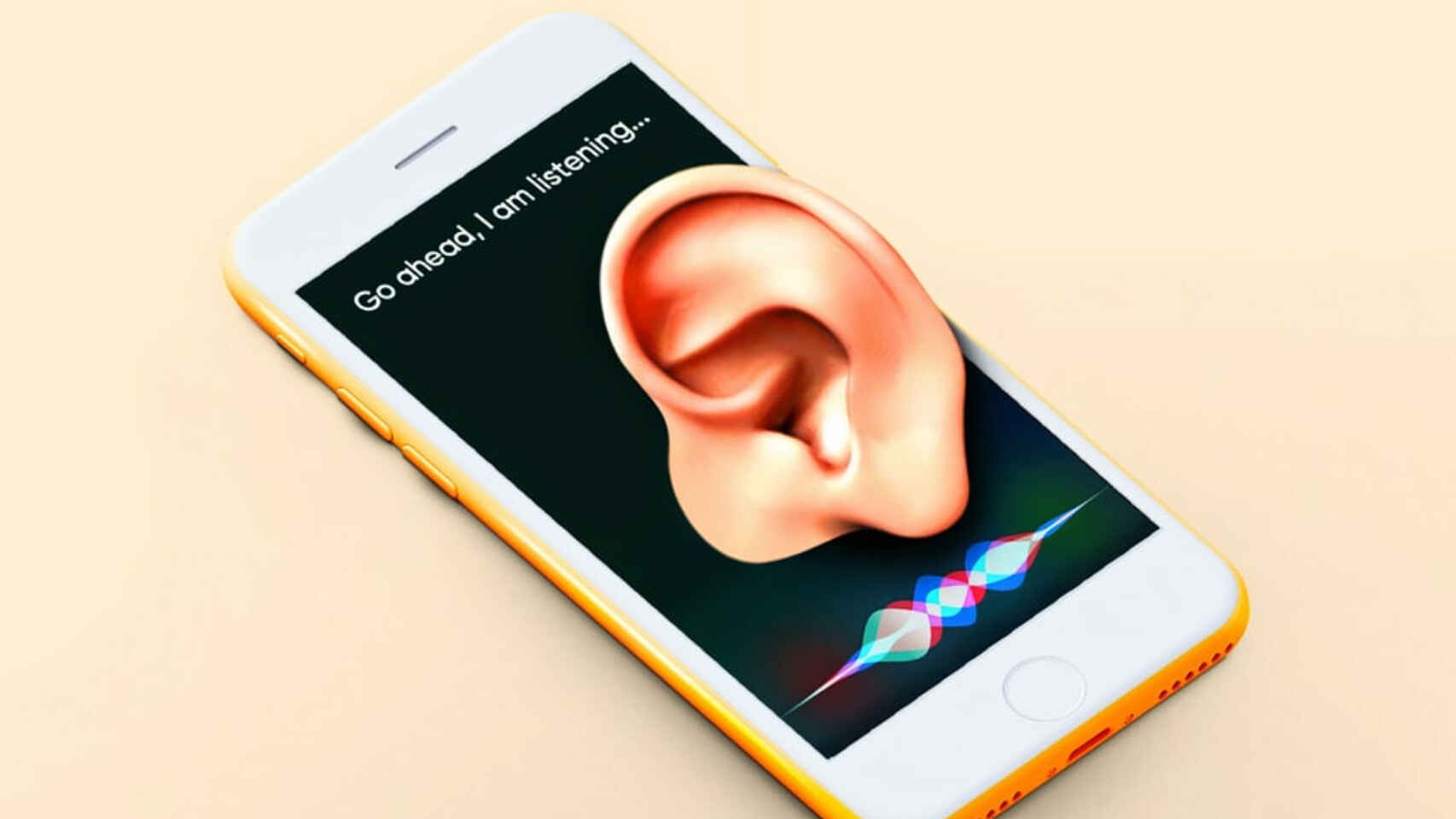 Un teléfono celular con una oreja y una frase en ingles que dice "te estoy escuchando"